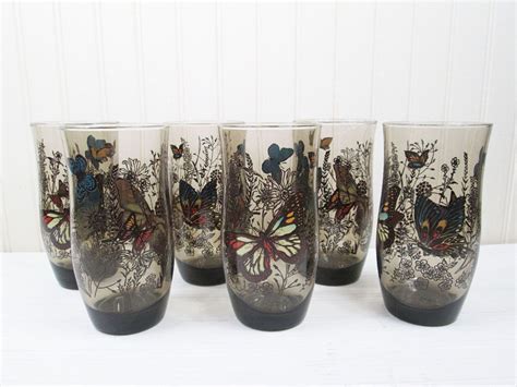 6 Vtg Anchor Hocking Butterfly Drinking Glasses Smoke Amber Butterflies Set Lot Drinking