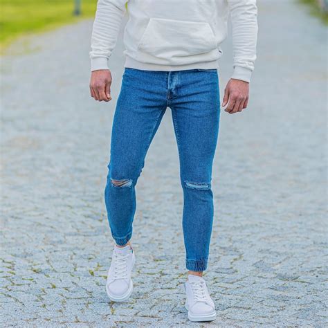 Mens Basic Skinny Distorted Leg Jeans In Ice Blue