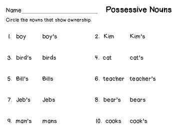 These grammar worksheets introduce the possessive form of nouns (the teacher's book). Possessive Nouns For First Grade by Denise Clinkingbeard | TpT