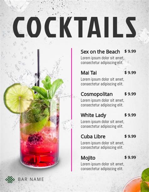 Refreshing Cocktails Menu Template Cocktail Menu Food Menu Template Menu Design Template