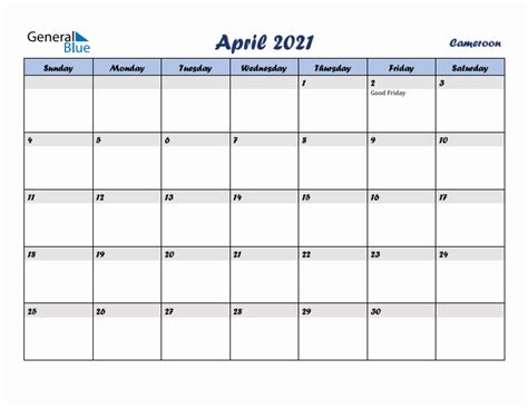 April 2021 Monthly Calendar Template With Holidays For Cameroon