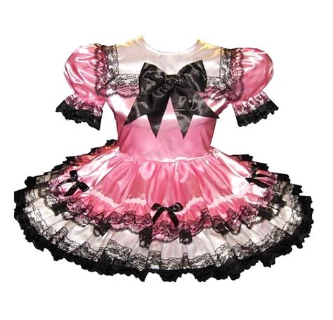 Ashlee Custom Fit Pink Satin Black Lace And Bows Adult Sissy Dress By Le
