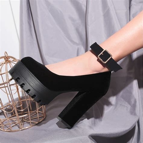 Black Velvet Chunky Platforms Cleated Sole Mary Jane Block High Heels Shoes