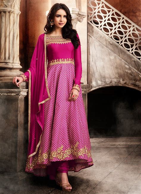 Fuchsia Pink Embroidered Satin Anarkali Anarkali Churidar Long Anarkali Churidar Suits