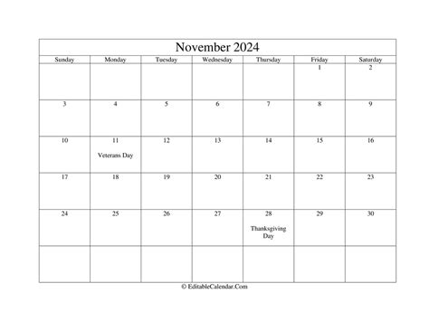 Editable Calendar November 2024