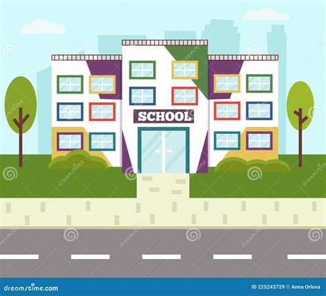 Colorido Edificio Escolar Estilo De Dibujos Animados De Ilustraciones Vectoriales Planas