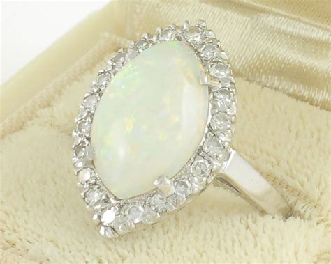 Vintage 14K White Gold Opal Marquise Diamond Ring Mid Century 1 5 CT