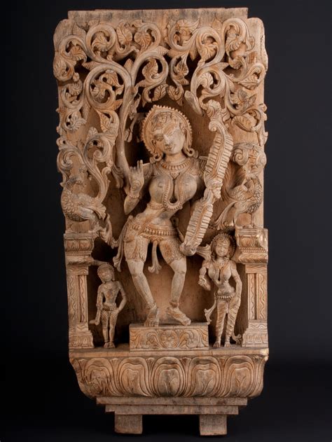 Description Carved Relief Depicting Saraswati South India Wood
