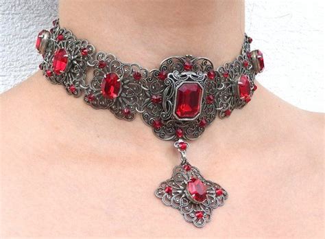 Victorian Gothic Jewelry Silver Necklace Red Swarovski Crystal Etsy