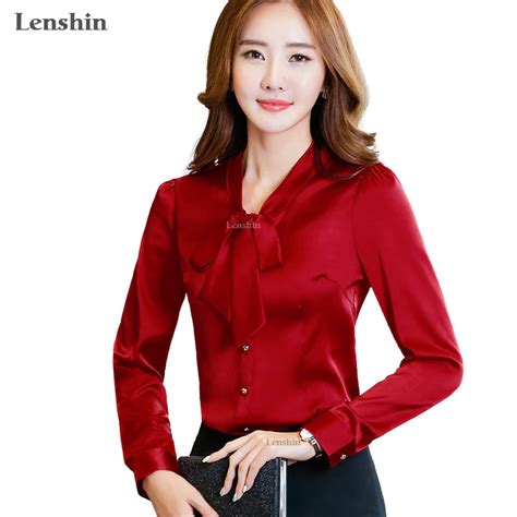 lenshin women tie front red blouses with bow fashion satin tops female office lady style ruffle