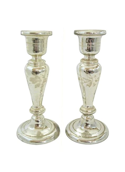 Antique Pair Of White Painted Mercury Glass Candlesticks France