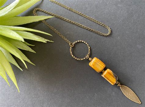 Tigers Eye Necklace Unique Long Necklace Tigers Eye Etsy Raw