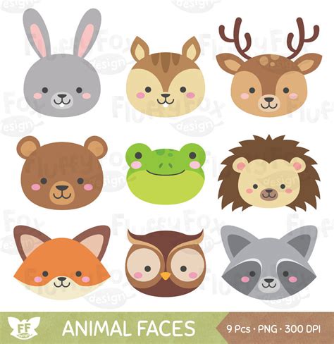 Woodland Animal Faces Clipart Forest Animals Heads Clip Art Etsy Uk