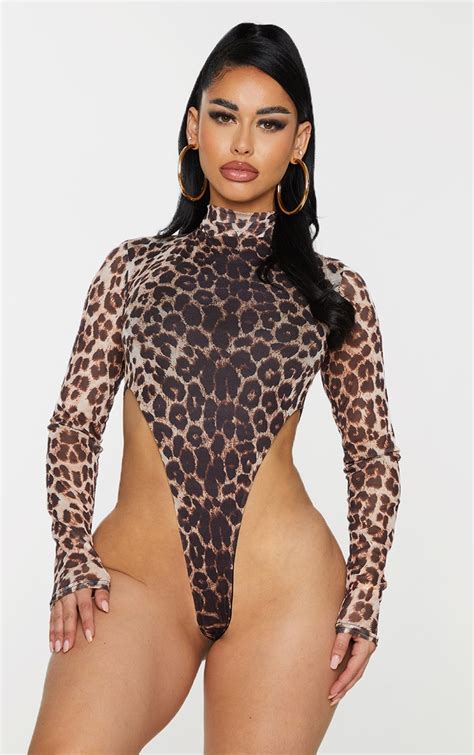 shape brown leopard print mesh bodysuit prettylittlething usa