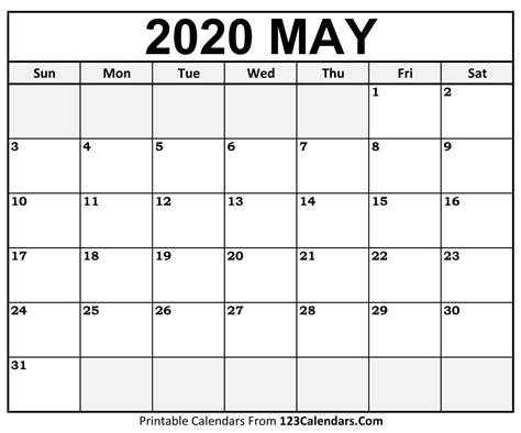 Printable May 2020 Calendar Templates