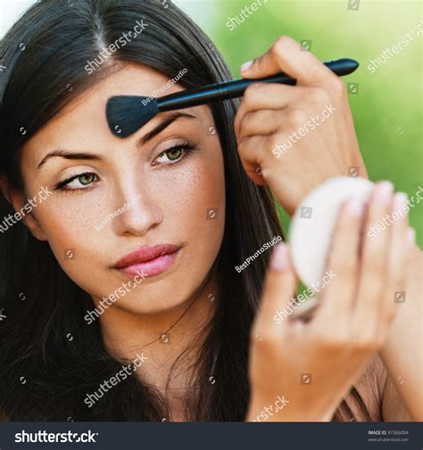 Portrait Attractive Naked Dark Haired Women Sex Looks Mirror Powder