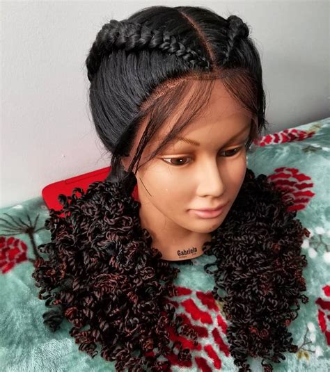 Two Braids Feed In Cornrows Lace Wig With Curly Ends Braided
