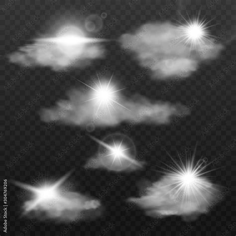 Sun Rays Through Clouds Effect Set Of Realistic Vector Illustrations