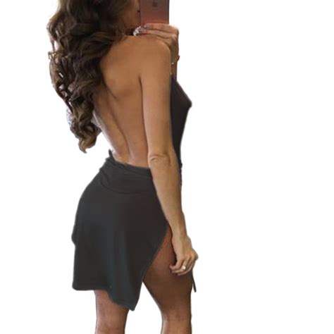 Vancol Womens Sexy Deep V Neck Halter Backless Slit Mini Party Club Dress