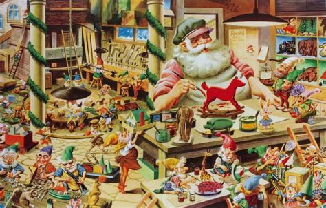 Vintage Santas Christmas Toy Factory With Elves Working Christmas