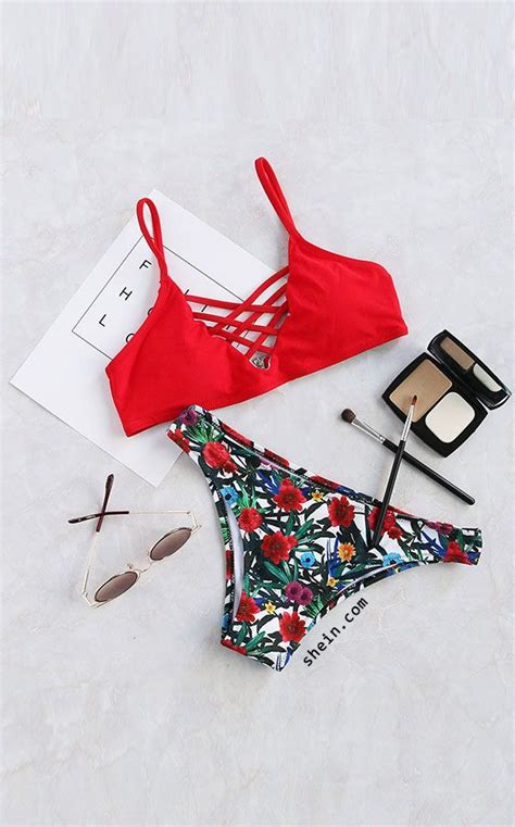 Red Floral Print Criss Cross Bikini Set Cute Swimsuits Cute Bikinis