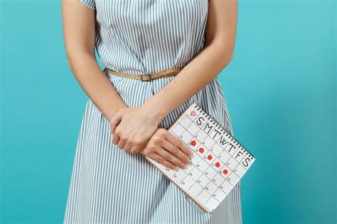 Cropped Shot Sickness Woman In Blue Dress Holding Periods Calendar For