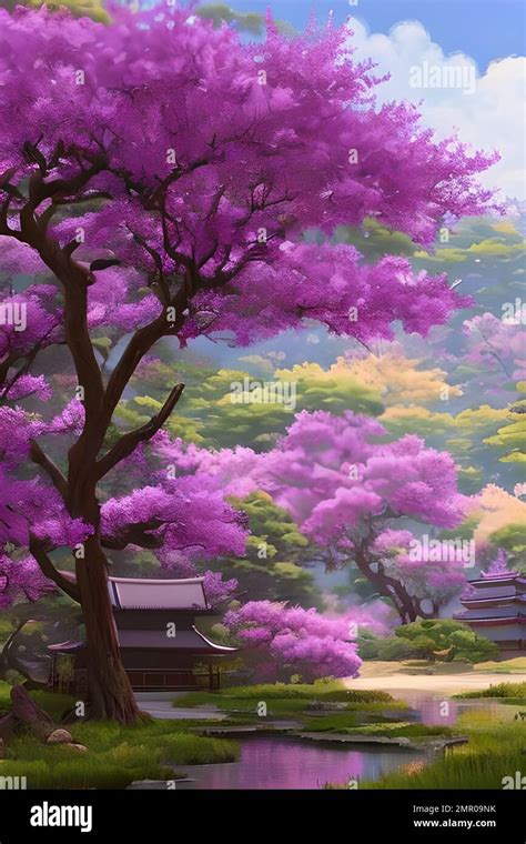 An Ai Generated Illustration Of Purple Sakura Trees Growing In A