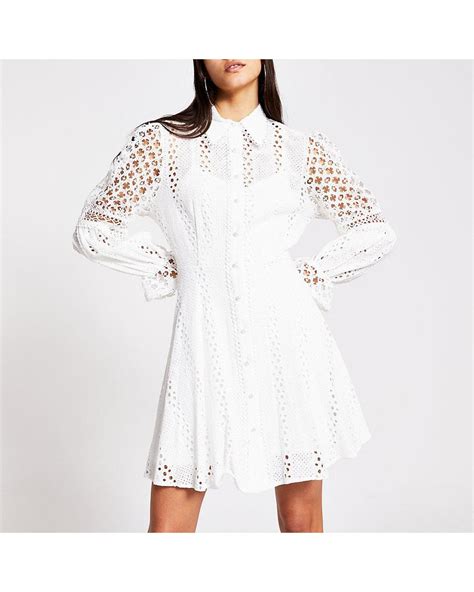 River Island White Long Sleeve Pearl Button Broderie Dress Lyst