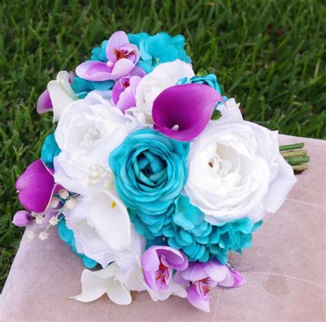 Wedding Teal Turquoise And Purple Natural Touch Roses Silk Flower Bride