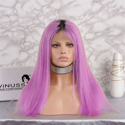Ombre Purple Color Long Straight Hair 6 Inch Front Lace Wig 100