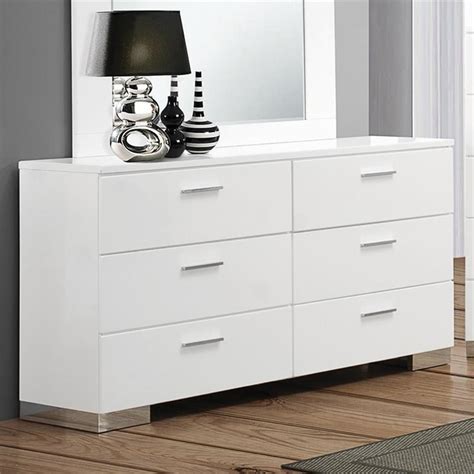 Bowery Hill 6 Drawer Double Dresser In Glossy White And Silver Homesquare