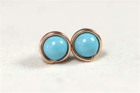 Rose Gold Turquoise Stud Earrings With Swarovski Pearls Rose Or Yellow
