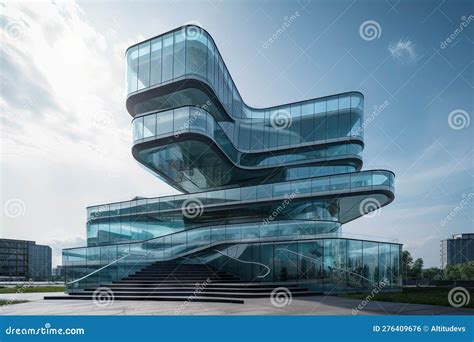 Futuristic Office Building With Glass Walls And Floating Staircase