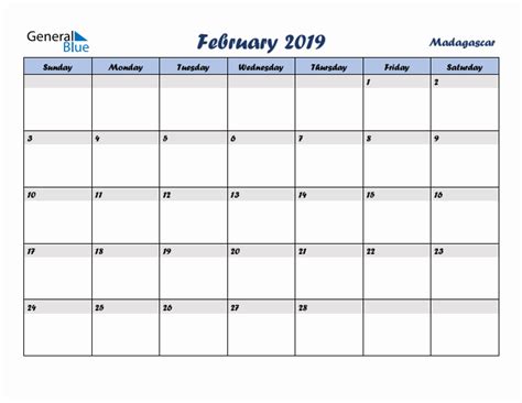 February 2019 Monthly Calendar With Madagascar Holidays