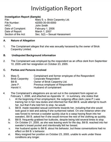 Workplace Investigation Report Template Templates Example Templates Example Report