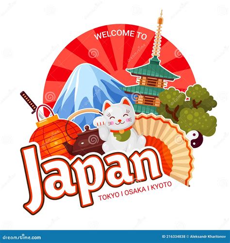 Welcome To Japan Tourist Banner Japanese Cultural Symbols Maneki Neko