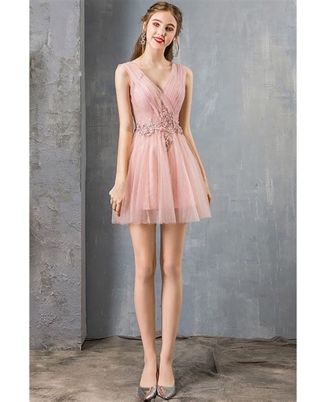 Pretty Short Tulle Pink Prom Dress Cute Pleated Vneck Dm