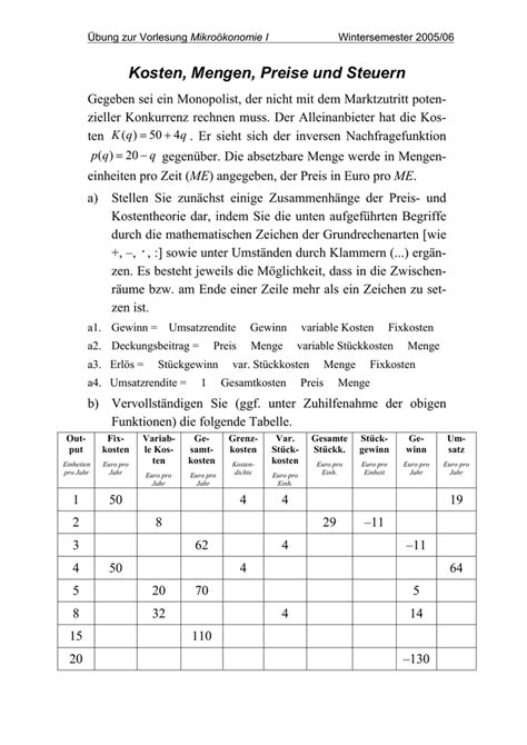 Die variablen kosten kv lassen sich durch multiplikation des vereinbarten lohns pro m2 mit der umgegrabenen fläche berechnen. Kosten, Mengen, Preise und Steuern
