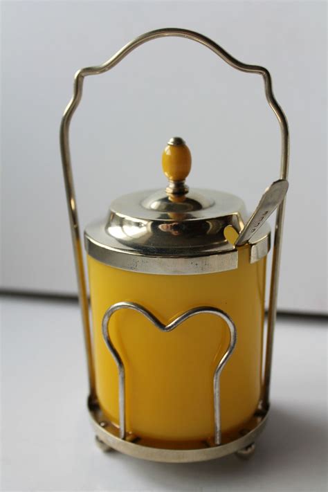 Antique Art Deco 1930c Yellow Glass Stand Jam Preserve Pot With Spoon