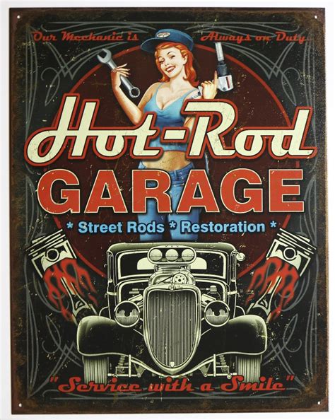 Hot Rod Garage Tin Metal Sign Rat Rod Pin Up Girl Automotive Vintage