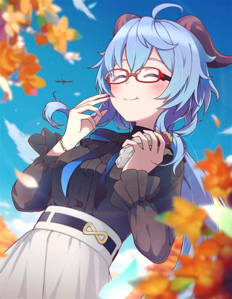 Safebooru 1girl Ahoge Autumn Leaves Bangs Black Bow Black Shirt Blue Hair Blue Sky Blush