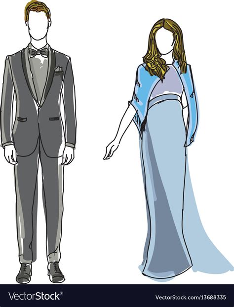 Drawn Man In Suit And Woman Wearing Blue Dress Vector Image