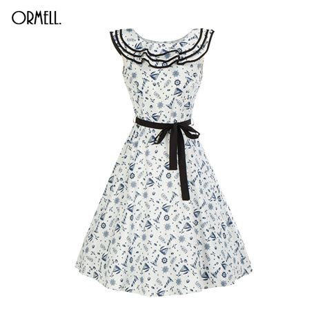 Ormell Summer Elegant Women Ruffle Vintage Dress Retro Print High Waist Party Dresses Sexy