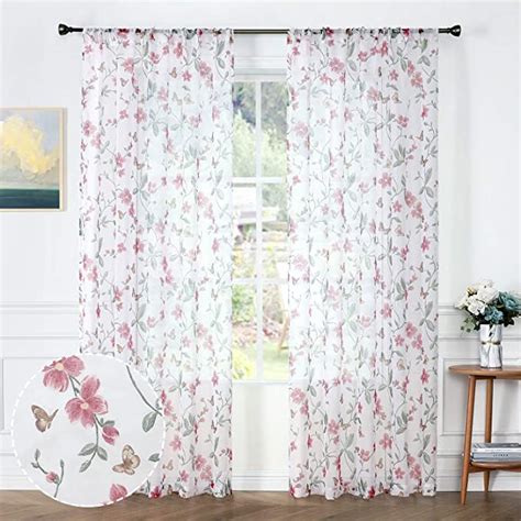 Tollpiz Sheer Floral Curtains Pink Flower Butterfly Printed