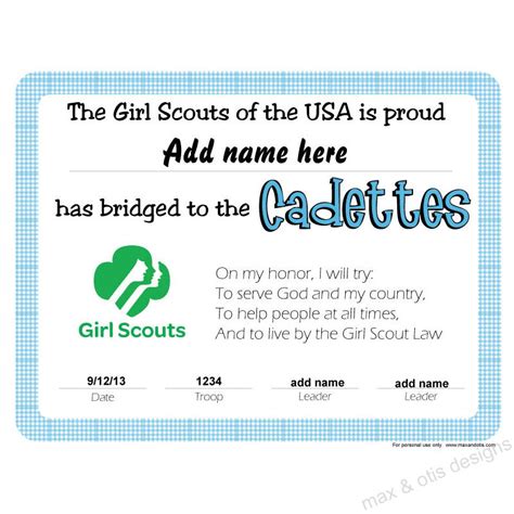 Girl Scout Cadette Printable Bridging Certificate Editable Pdf Max