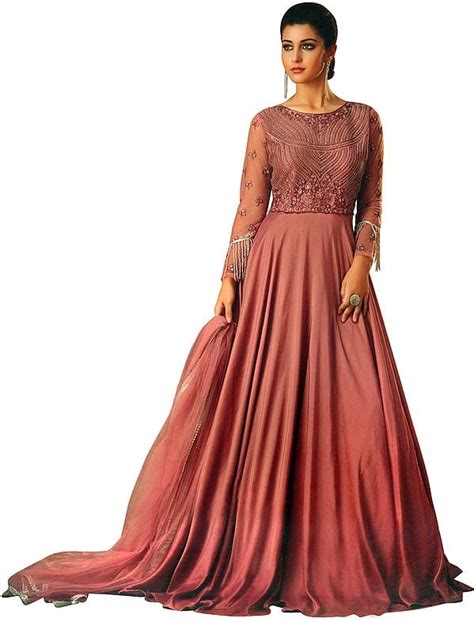 Mauvewood Floor Length A Line Gown With Zari Embroidered Border And