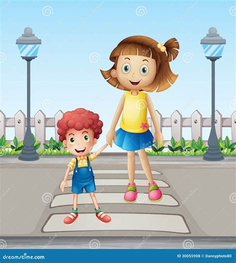 Little Boy In Crossing Guard Uniform In The Street Cartoon Vector