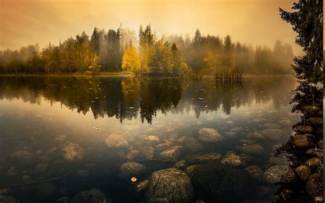 Hd Wallpaper Calm Fall Finland Forest Lake Landscape Mist