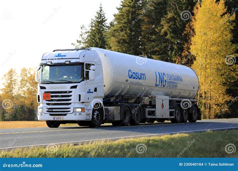 White Scania Lng Gas Tanker On Autumn Road Editorial Stock Image