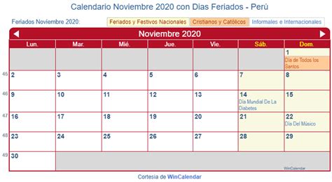 Calendario Noviembre 2020 Para Imprimir Perú